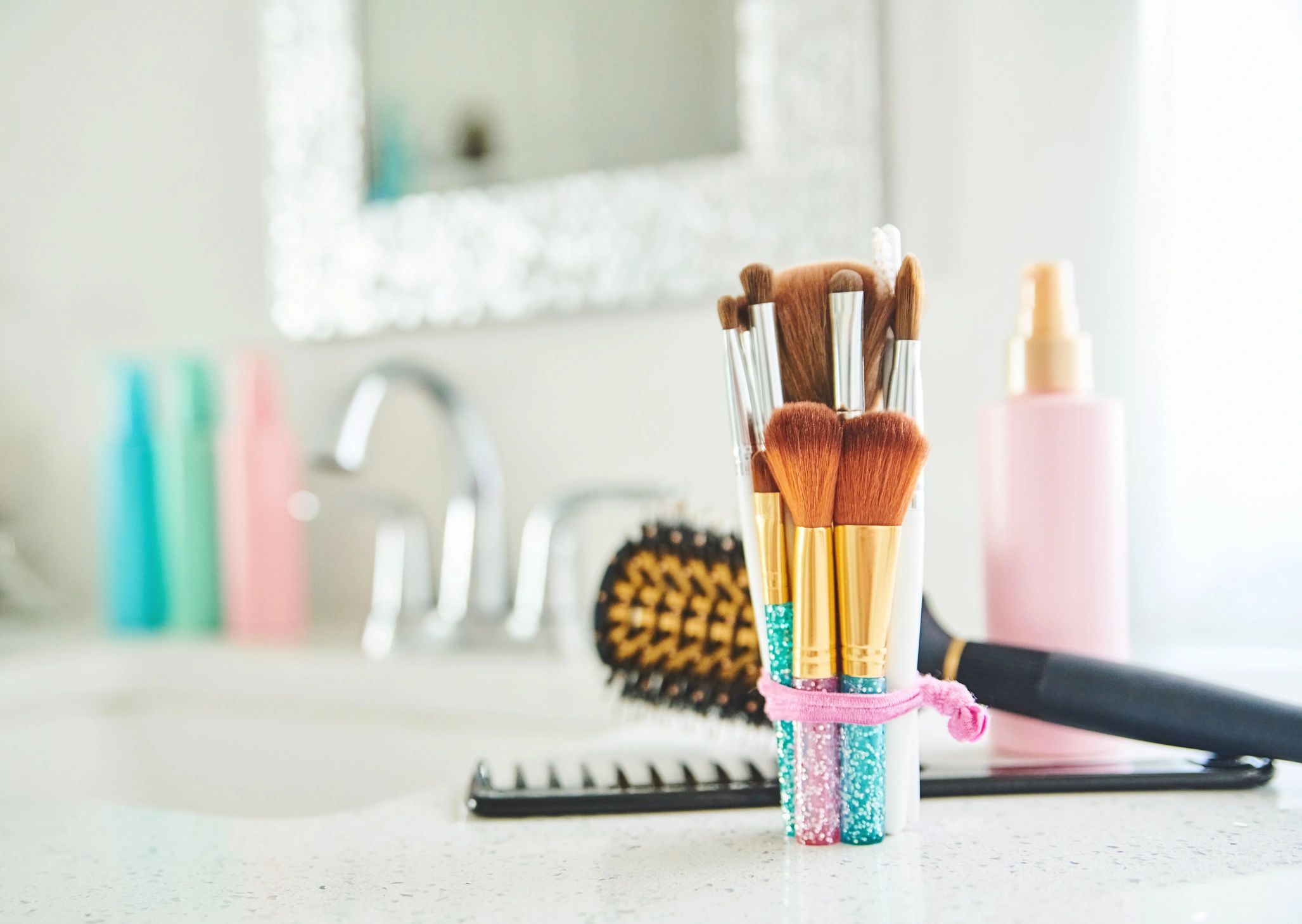 Premium makeup tools and beauty products arranged elegantly