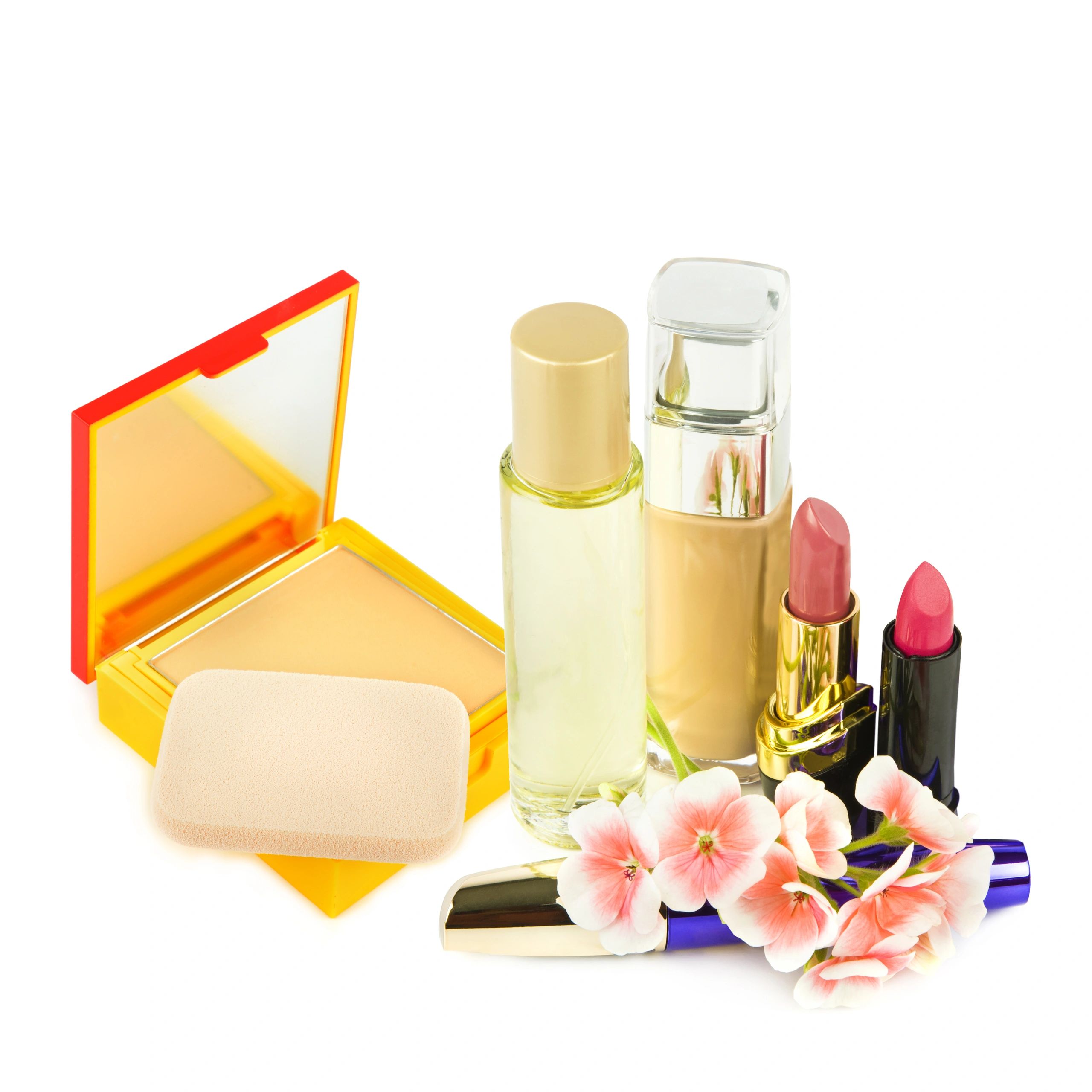 Luxury beauty products styled with flowers